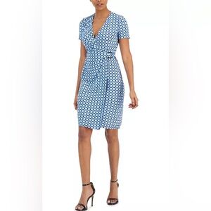 Anne Klein Geometric-Print O-Ring Side-Ruched Sheath Dress Sz XS Blue Floral